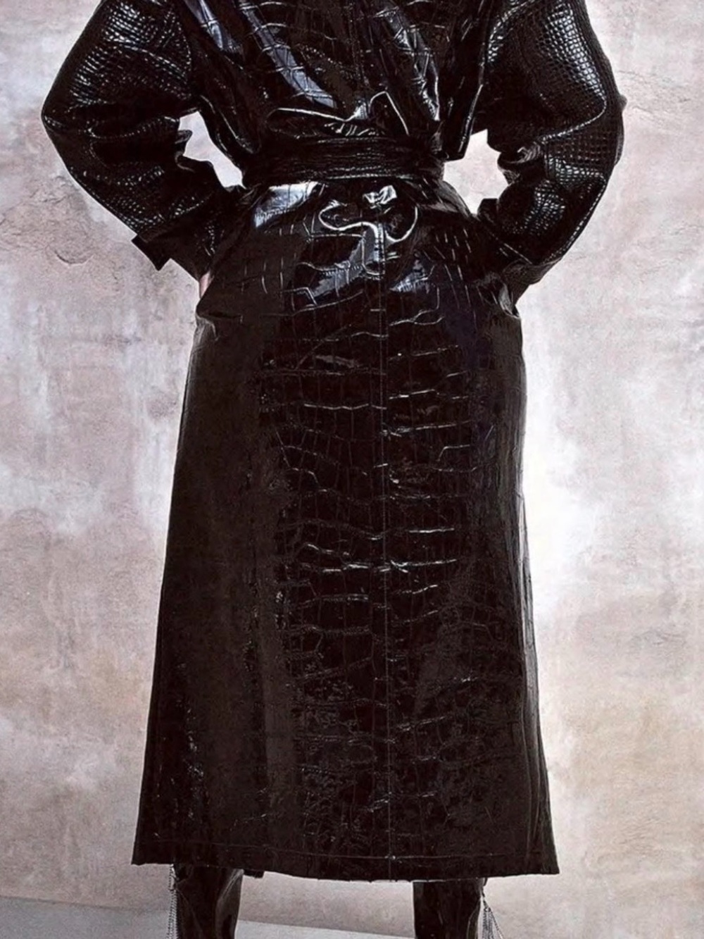Boohoo Black Patent Croc-Effect Trench Coat - Picture 4 of 7
